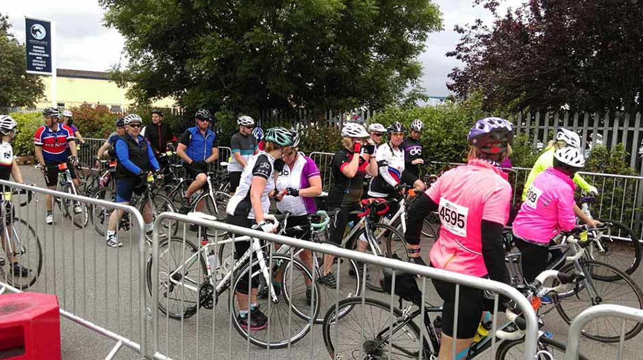 Julia Smith and fellow cyclists at the start of a race